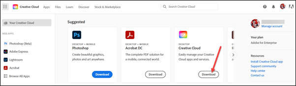 Red arrow to Download under Creative Cloud