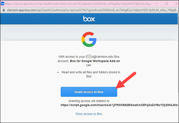 Red arrow to Grant access to Box