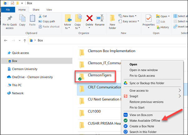 Red arrow to Make Available offline, Red box around Clemson Tigers folder