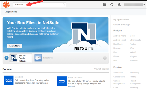 Apps page to search for Box Drive
