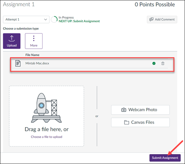 Red box around selected file and arrow to Submit Assignment