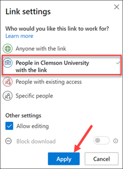 People in Clemson University with the link has a red box around it, red arrow to Apply