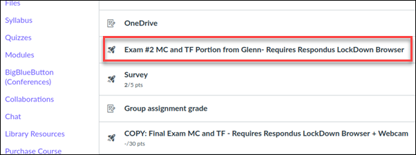 List of Canvas tests with red box around one that requires Lockdown browser