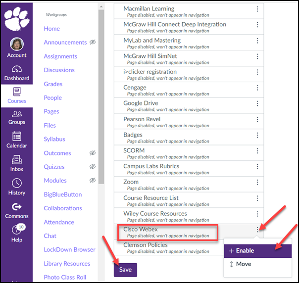 Canvas Webex with red arrows to  Settings, Enable and Save and red box around Cisco Webex