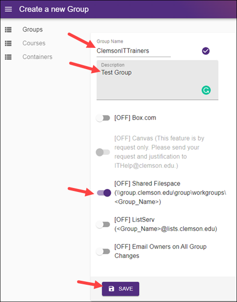 Create new Group with red arrows to Name, Description, Shared Filespace button, and Save button
