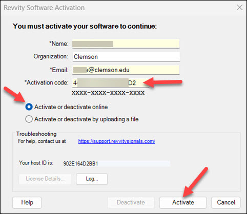 Red arrows to Activation code and Activate or deactivate online