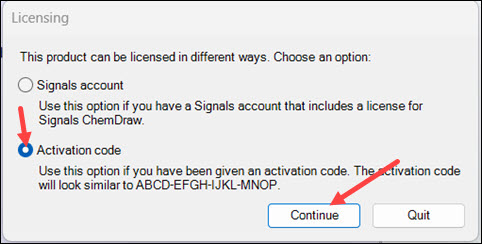 Red arrows to Activation code and Continue