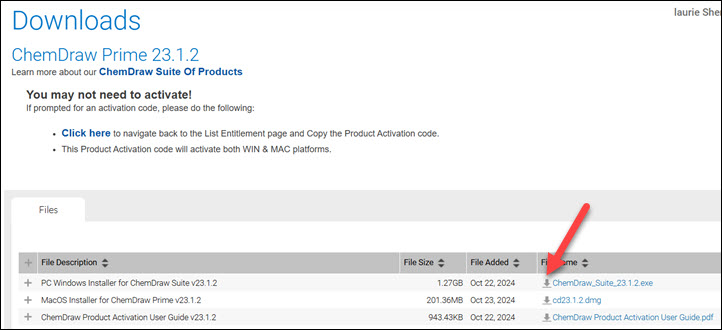 Red arrow to Download button beside ChemDraw Suite