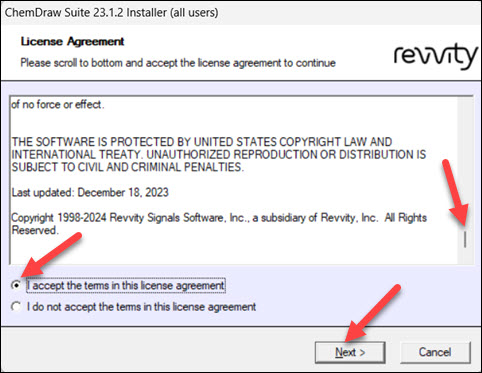 Red arrows to scroll bar, I accept the terms, and Next