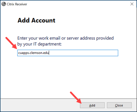 Citrix Add Account with account name cuapps.clemson.edu
