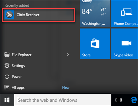 Windows Start button with Citrix Receiver recently added