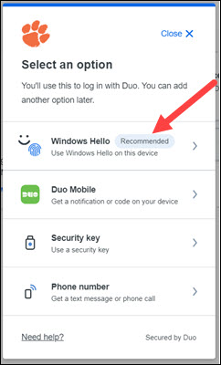 Red arrow to Windows Hello