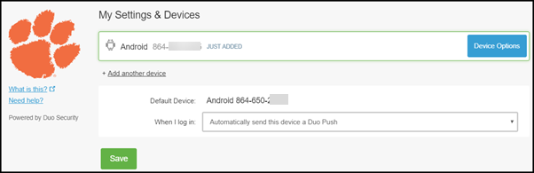 Duo screen with +Add another device, or Save if you are finished