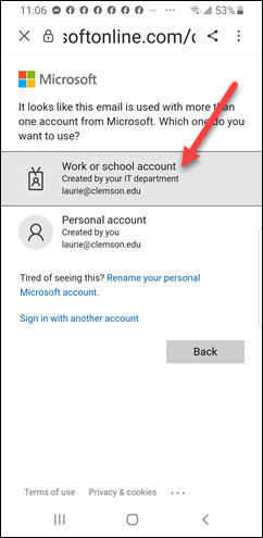 Red  arrow to work or school account