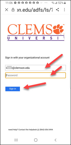 Red arrows to username, password and sign-in