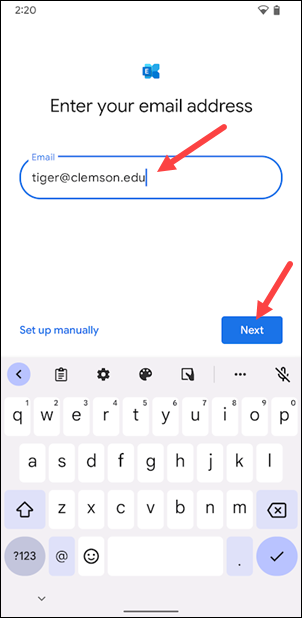 Red arrows to username@clemson.edu and Next