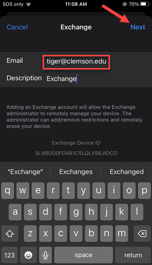 Red box around username@clemson.edu, red arrow to Next