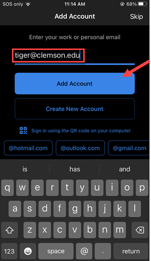 Red box around email address, red arrow to Add Account