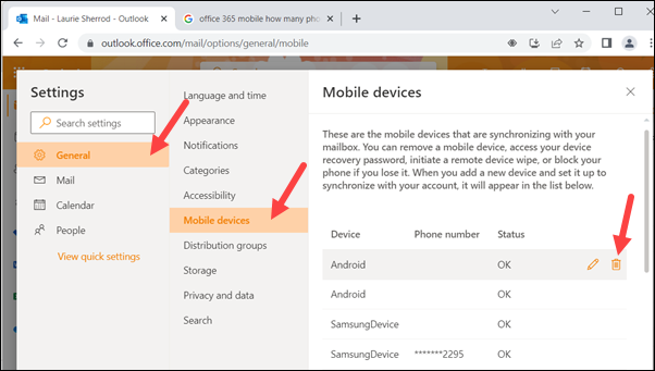 Mobile Outlook settings with red arrows to General, Mobile devices, and trash icon