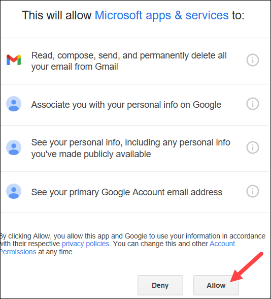 Click Allow to allow Microsoft to access your Gmail