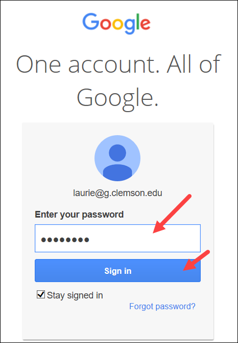 Enter your Clemson Gmail password and click Sign In