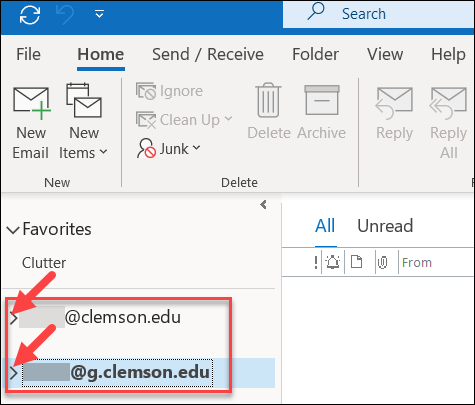 Now you will see all of your accounts including the new one in Outlook on the left side of the screen