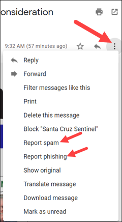 Red arrows to More button, Spam and Phising