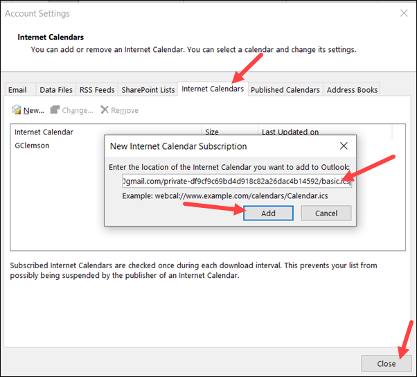 Red arrows to Internet Calendars tab, New Internet Calendar Subscription box, Add, and Close.