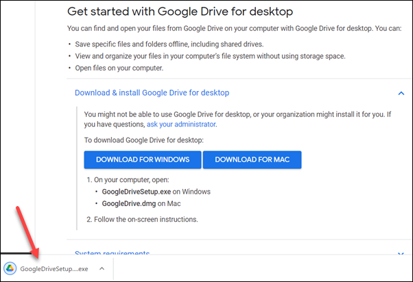 Download Google Drive for Desktop page