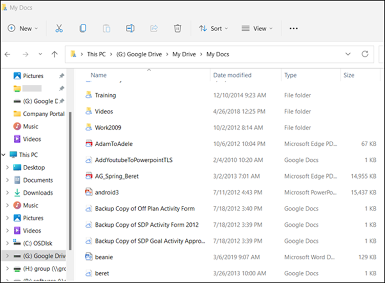 Google Drive Files and Folders list