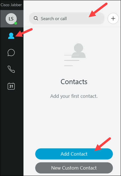 Red arrows to Contacts, Search or call, and Add Contact