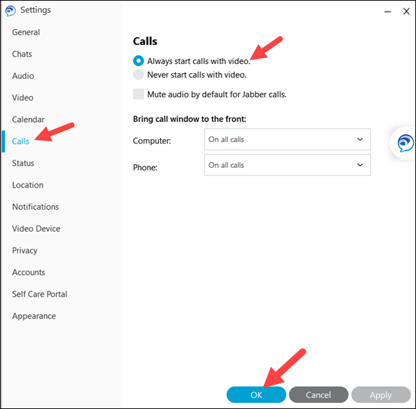 Red arrows to Calls, Always start calls with video, and OK