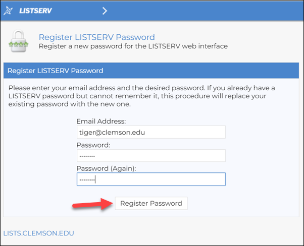 Red arrow to Register Password