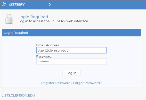 Email Address and LISTSERV password, Log In box