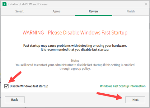 Red arrow to turn off Disable Windows fast startup and Next
