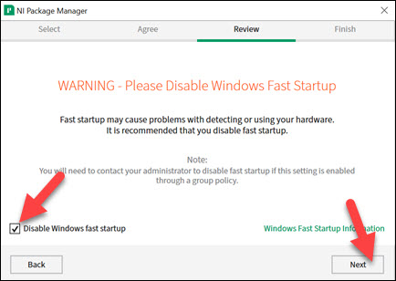 Red arrows to uncheck Disable Windows fast startup and to select Next