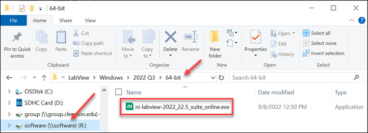 Red box around Labview installer on Software drive