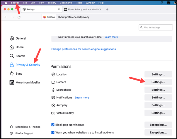 Red arrows to Firefox, Privacy & Security, Camera Settings
