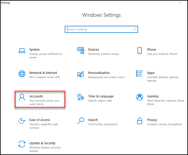 Windows Settings with red box around Accounts