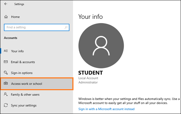 Account Settings with box around Access work or school