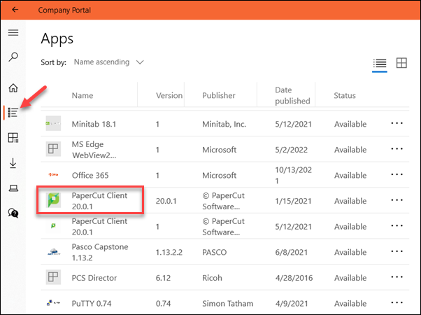 Company Portal Apps with red arrow to apps icon and red box around PaperCut sample install