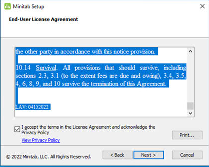 Minitab License Agreement page