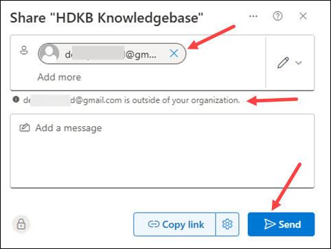 Red arrows to email, "ourside of your organization", Send