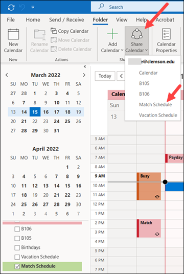 Red arrows to Share Calendar and the name of the calendar you want to share