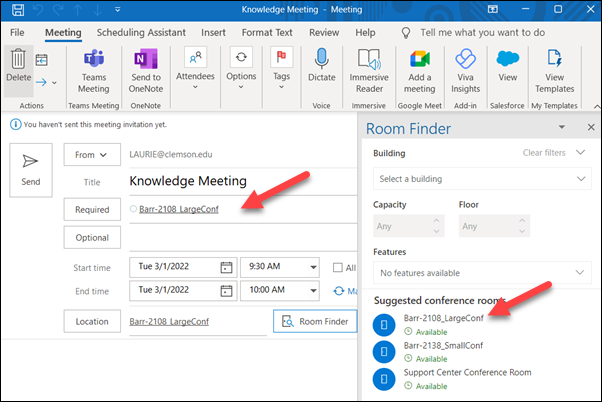 Red arrow to an item under Suggested conference rooms, corresponding item in Required is filled out automatically