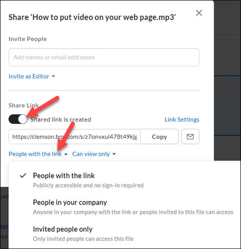 Red arrows to shared link button and  People with the link
