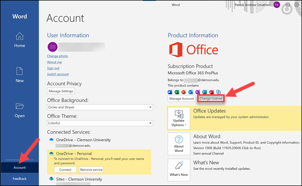 How to change your Microsoft Office account to your Clemson account