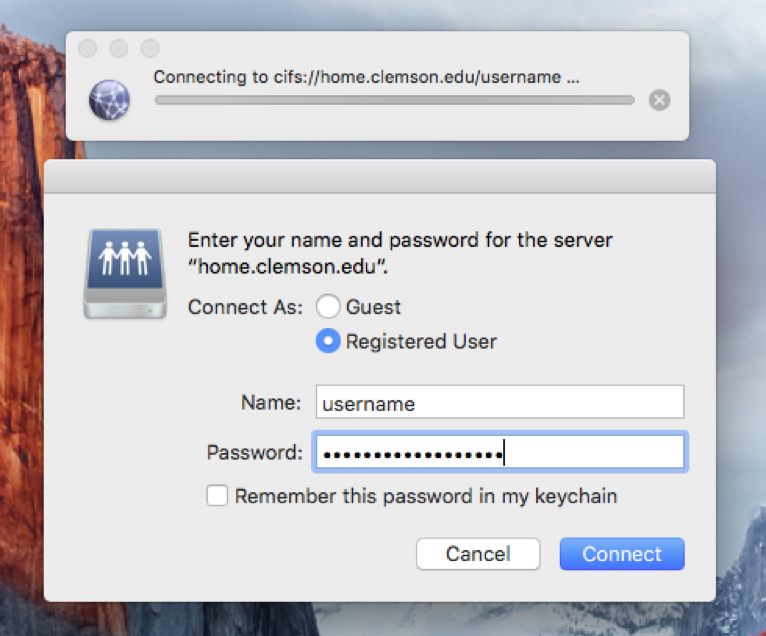 enter your name and password for the server mac windows