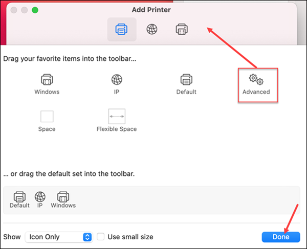 From this window, you can choose what to add to the toolbar of the ‘Add Printer’ window, such as the ‘Advanced’ button.