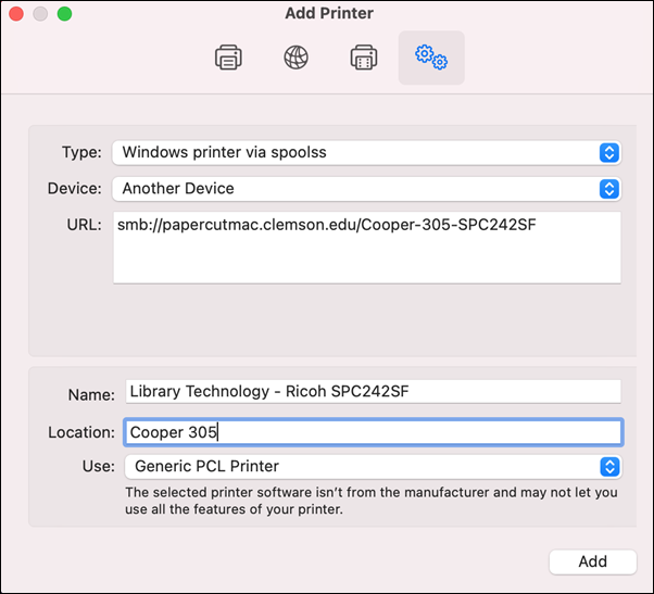 This is how the information in the ‘Add Printer’ window should look before you click the ‘Add’ Button